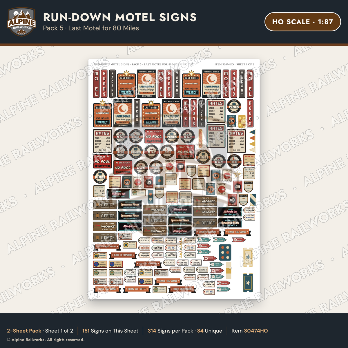Alpine Railworks 30474HO HO Scale Run-Down Motel Signs