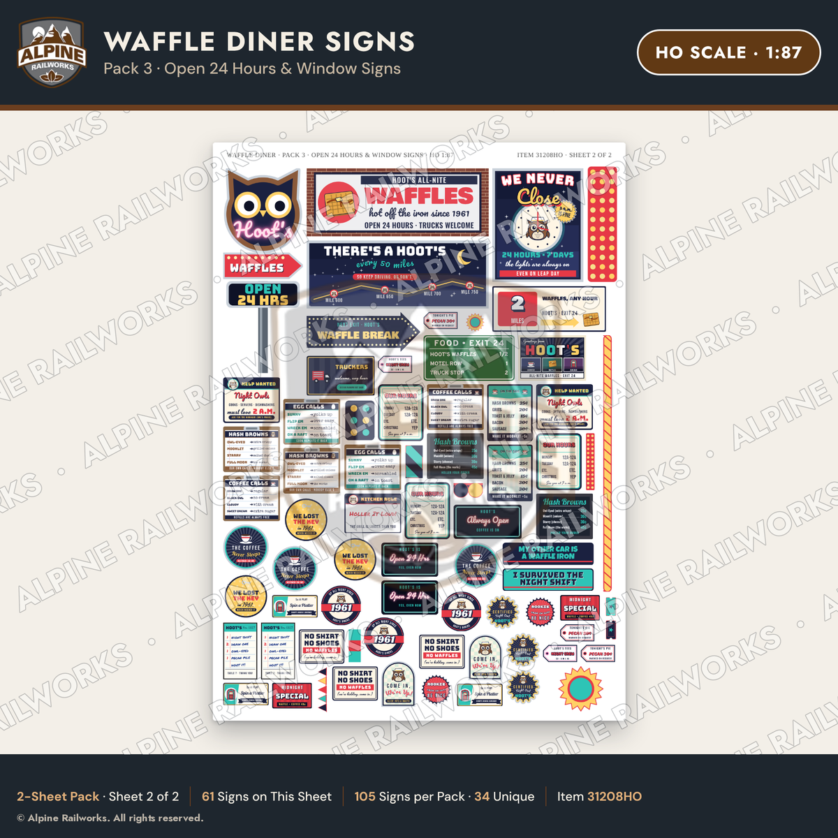 Alpine Railworks 31208HO HO Scale Waffle Diner Signs - Open 24 Hours