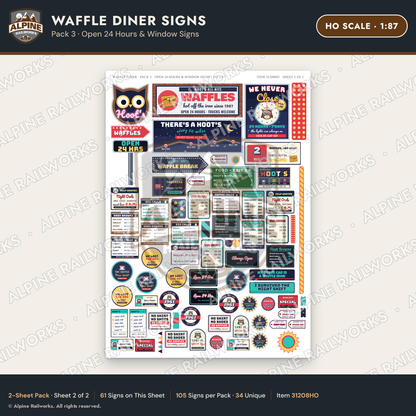 Alpine Railworks 31208HO HO Scale Waffle Diner Signs - Open 24 Hours