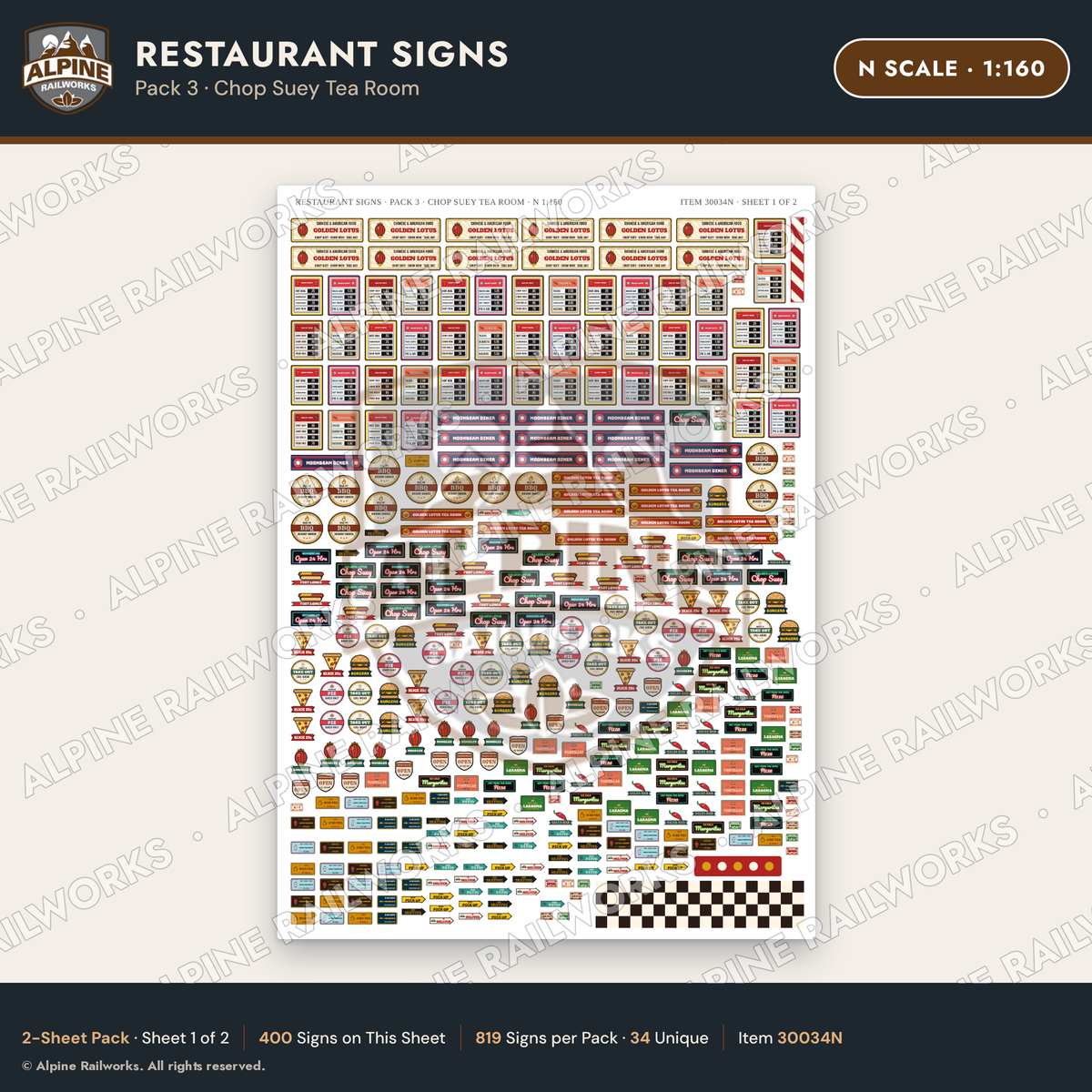 Alpine Railworks 30034N N Scale Restaurant Signs - Chop Suey Tea Room
