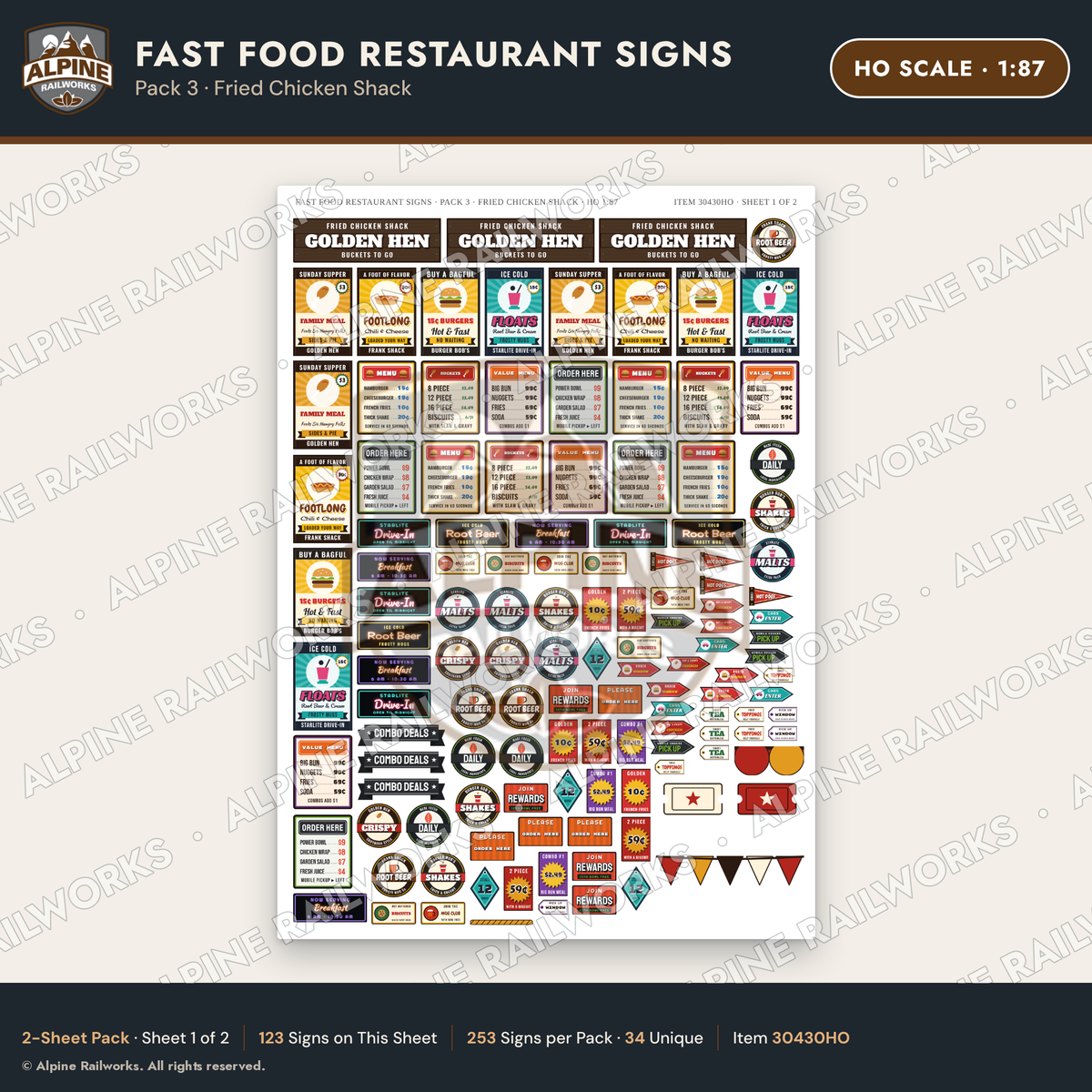 Alpine Railworks 30430HO HO Scale Fast Food Restaurant Signs