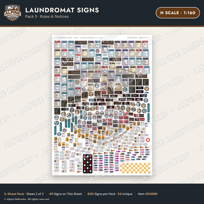 Alpine Railworks 30306N N Scale Laundromat Signs - Rules & Notices