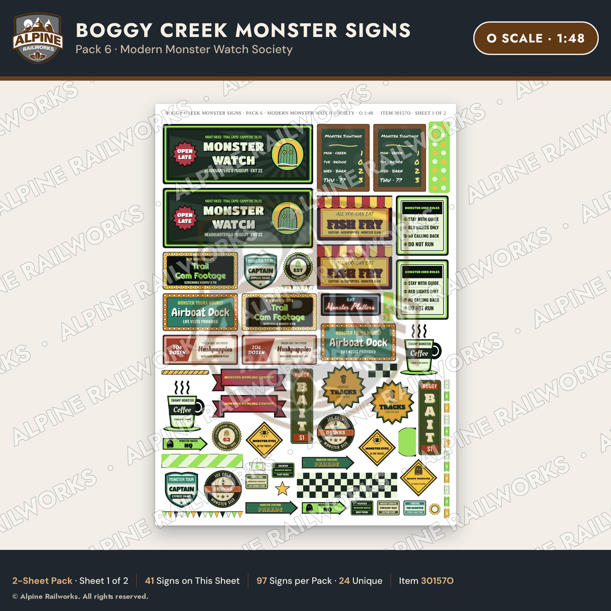 Alpine Railworks 30157O O Scale Boggy Creek Monster Signs