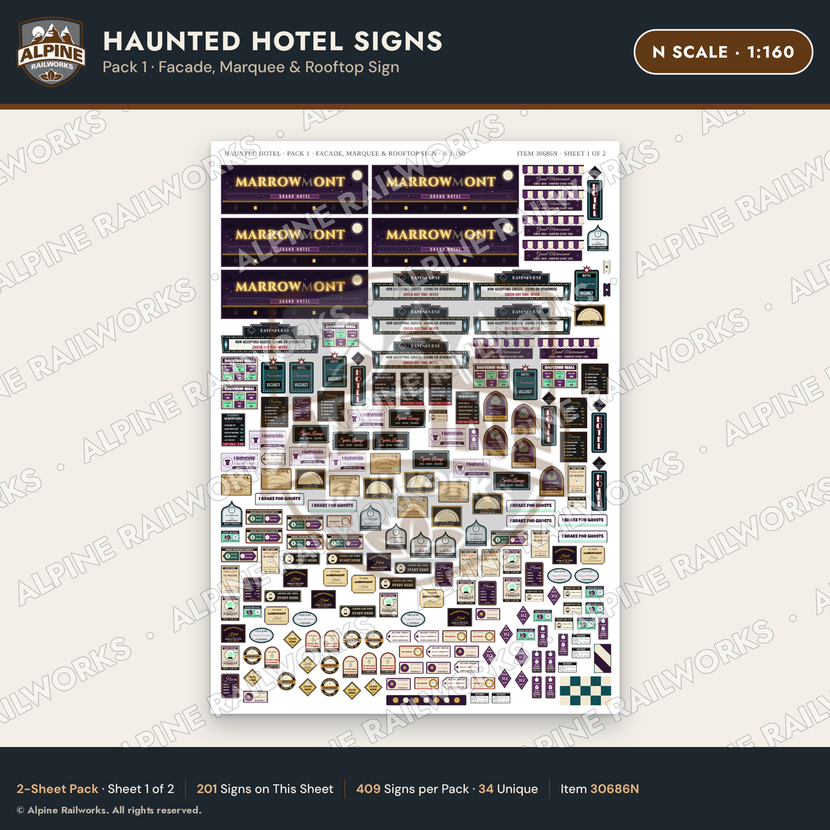 Alpine Railworks 30686N N Scale Haunted Hotel Signs - Facade & Marquee