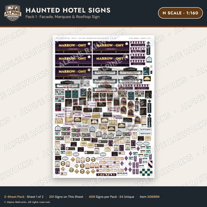 Alpine Railworks 30686N N Scale Haunted Hotel Signs - Facade & Marquee