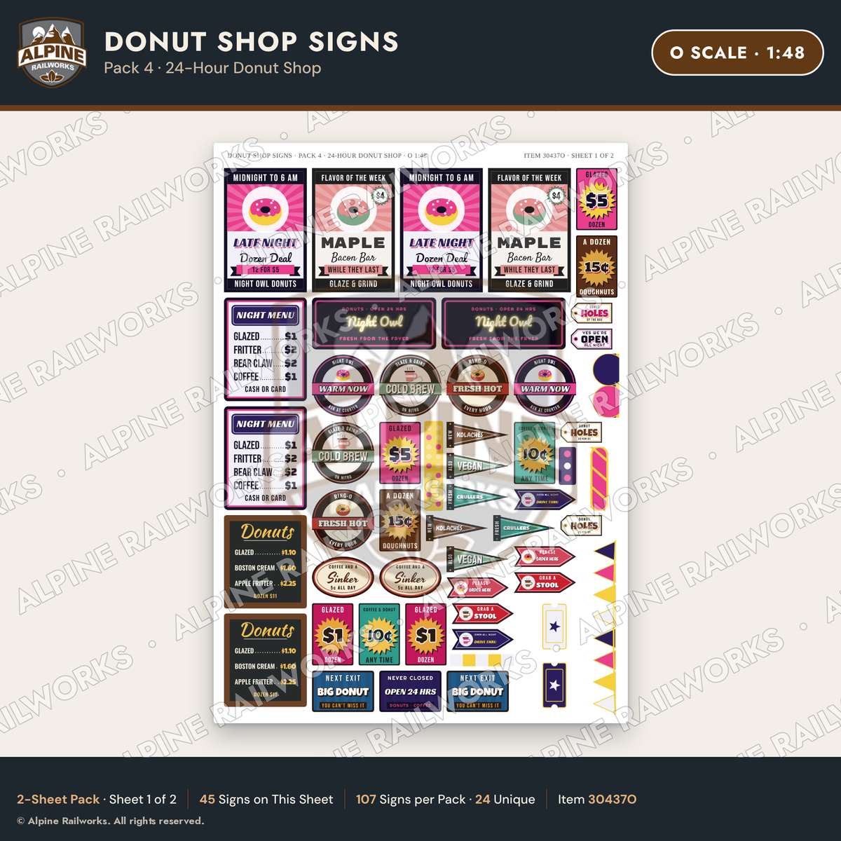 Alpine Railworks 30437O O Scale Donut Shop Signs - 24-Hour Donut Shop