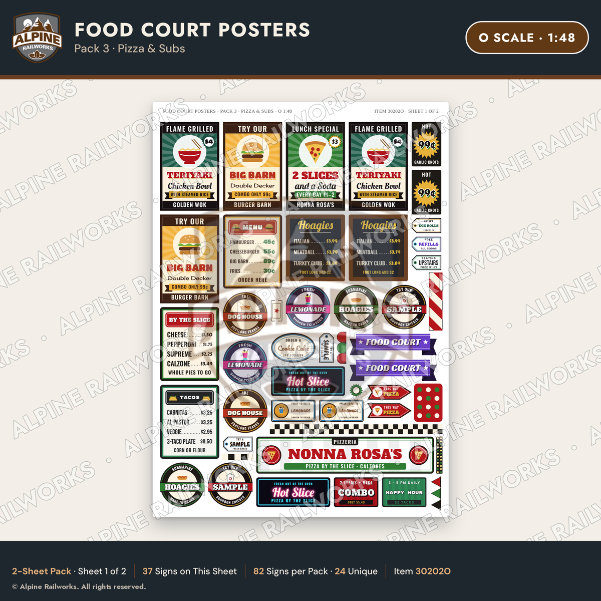 Alpine Railworks 30202O O Scale Food Court Posters - Pizza & Subs