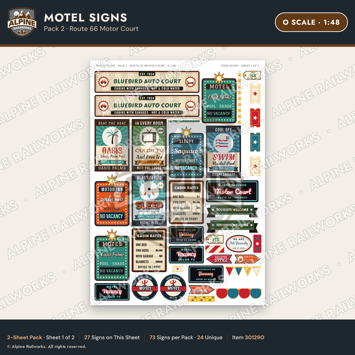 Alpine Railworks 30129O O Scale Motel Signs - Route 66 Motor Court