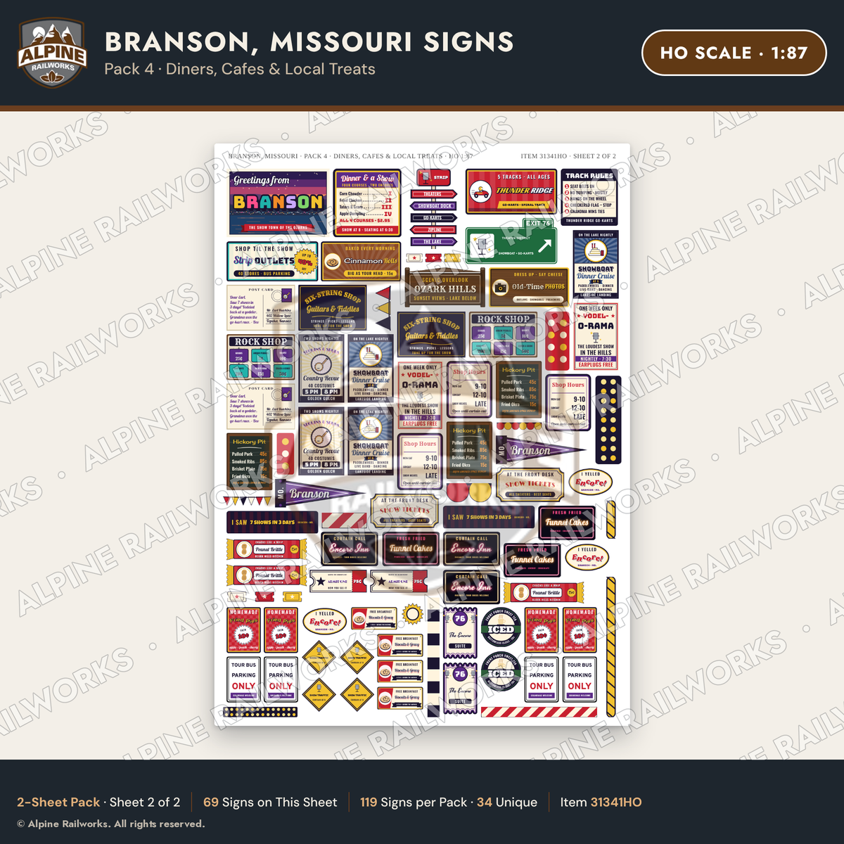 Alpine Railworks 31341HO HO Scale Branson MO Signs - Diners & Cafes
