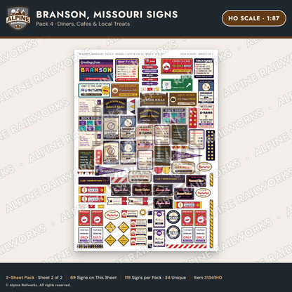 Alpine Railworks 31341HO HO Scale Branson MO Signs - Diners & Cafes