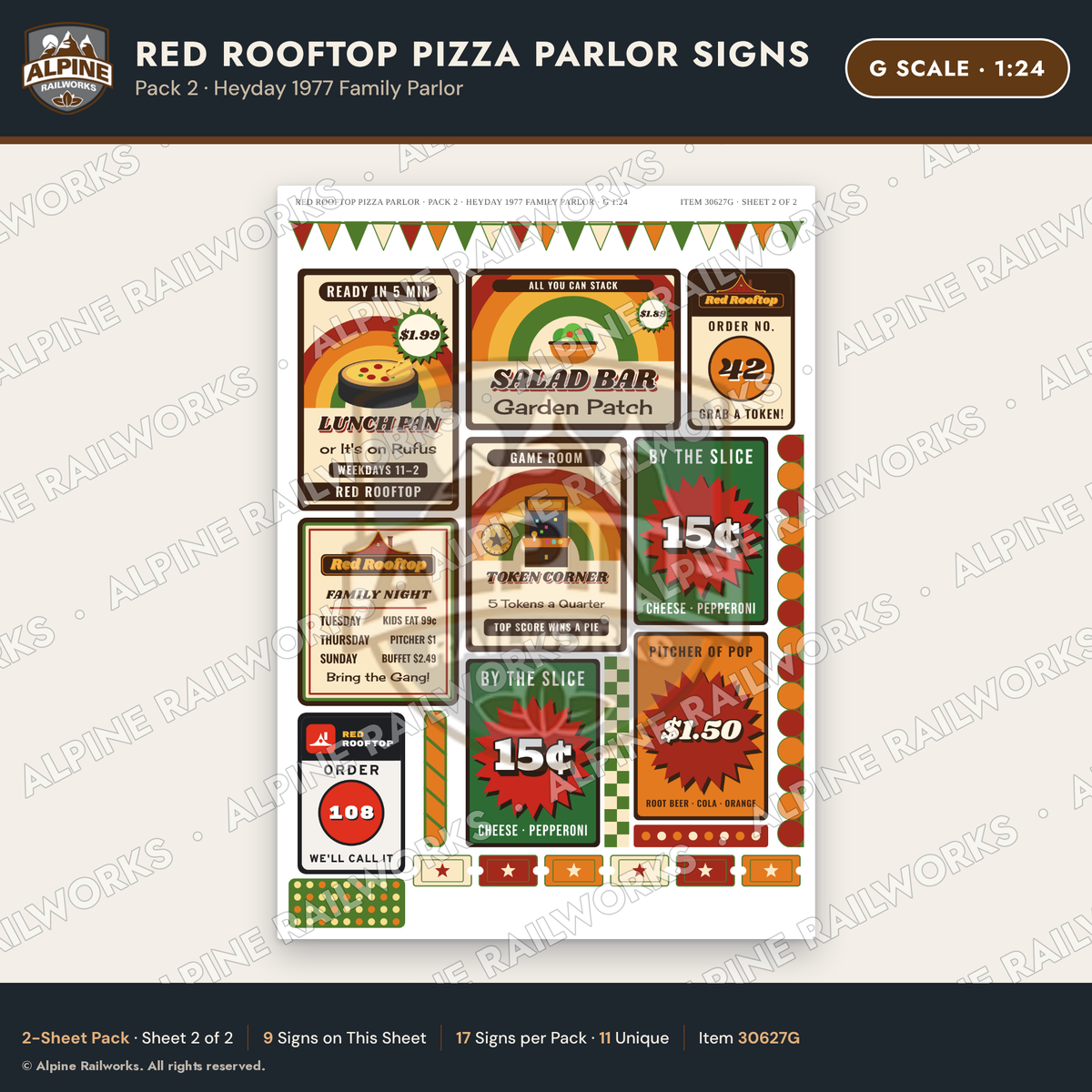 Alpine Railworks 30627G G Scale Restaurant Signs - Pizza Parlor