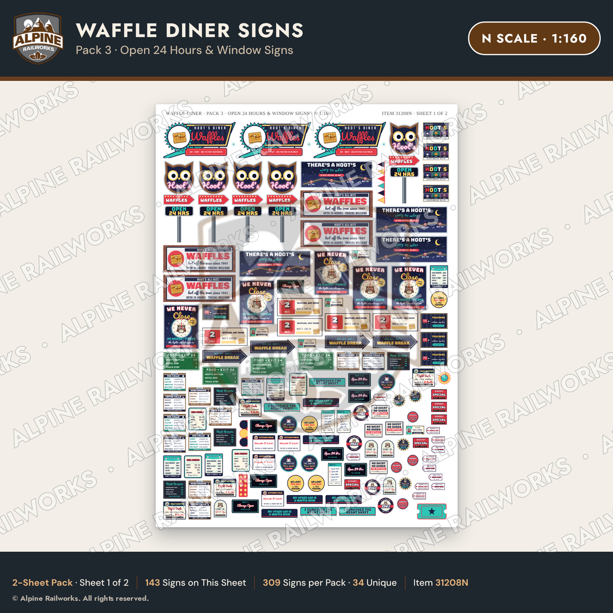 Alpine Railworks 31208N N Scale Waffle Diner Signs - Open 24 Hours