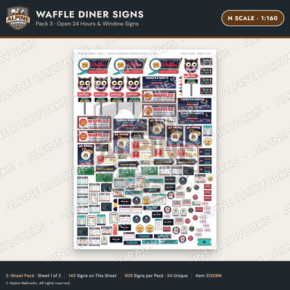 Alpine Railworks 31208N N Scale Waffle Diner Signs - Open 24 Hours