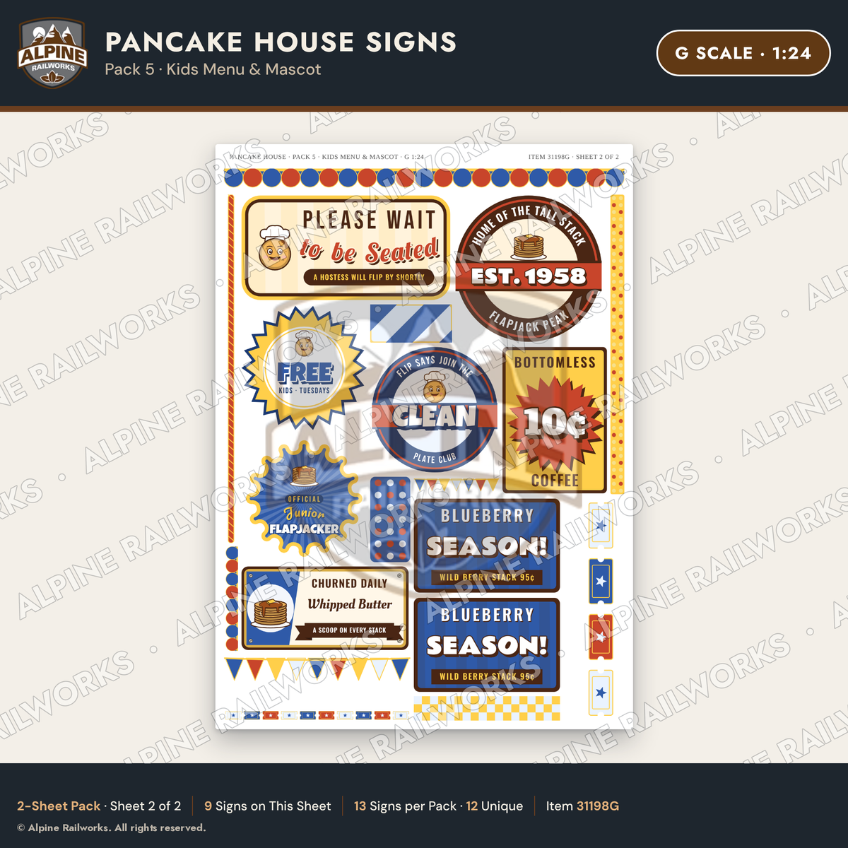 Alpine Railworks 31198G G Scale Pancake House Signs - Kids Menu