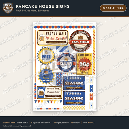 Alpine Railworks 31198G G Scale Pancake House Signs - Kids Menu