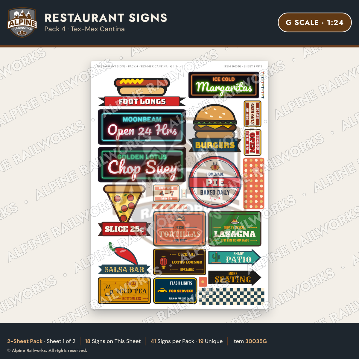 Alpine Railworks 30035G G Scale Restaurant Signs - Tex-Mex Cantina