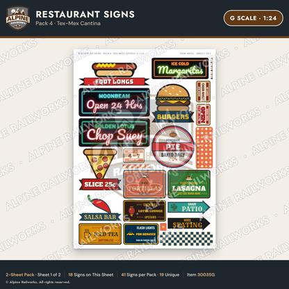 Alpine Railworks 30035G G Scale Restaurant Signs - Tex-Mex Cantina