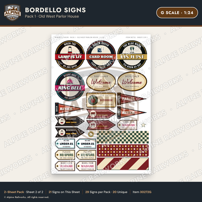 Alpine Railworks 30272G G Scale Bordello Signs - Old West Parlor House