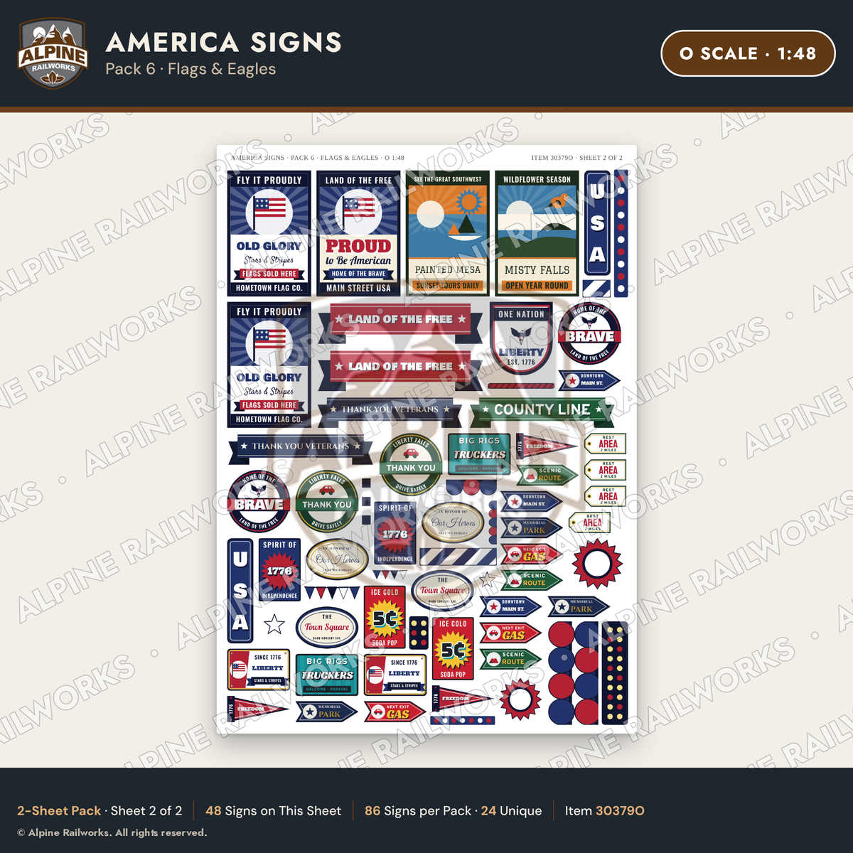 Alpine Railworks 30379O O Scale America Signs - Flags & Eagles