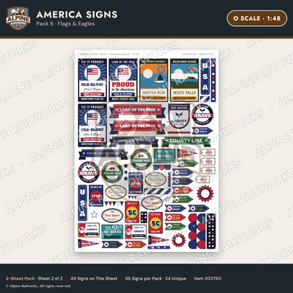 Alpine Railworks 30379O O Scale America Signs - Flags & Eagles