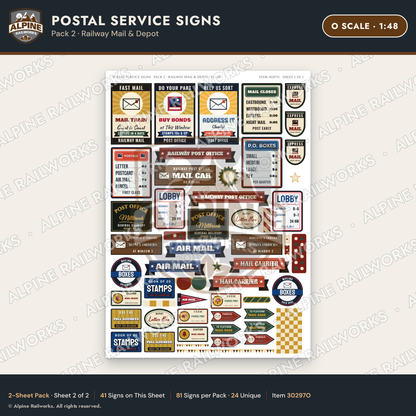 Alpine Railworks 30297O O Scale Postal Service Signs - Railway Mail