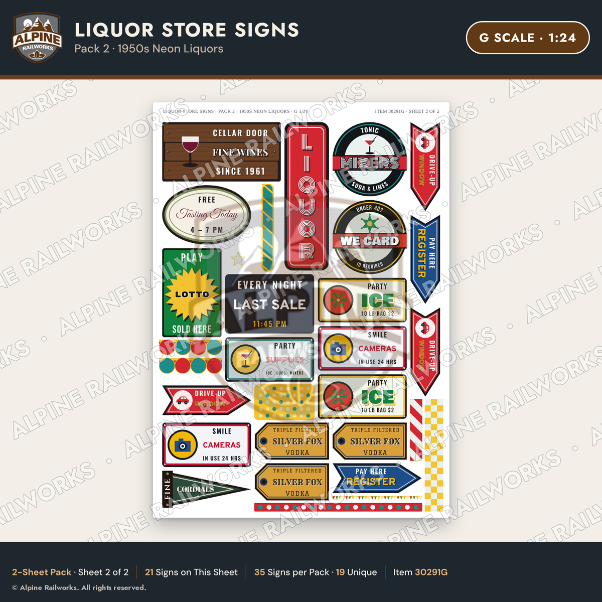 Alpine Railworks 30291G G Scale Liquor Store Signs - Neon Liquors