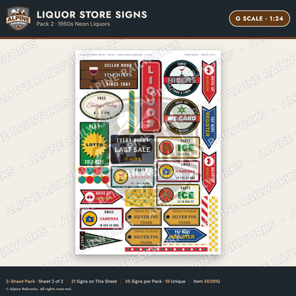 Alpine Railworks 30291G G Scale Liquor Store Signs - Neon Liquors