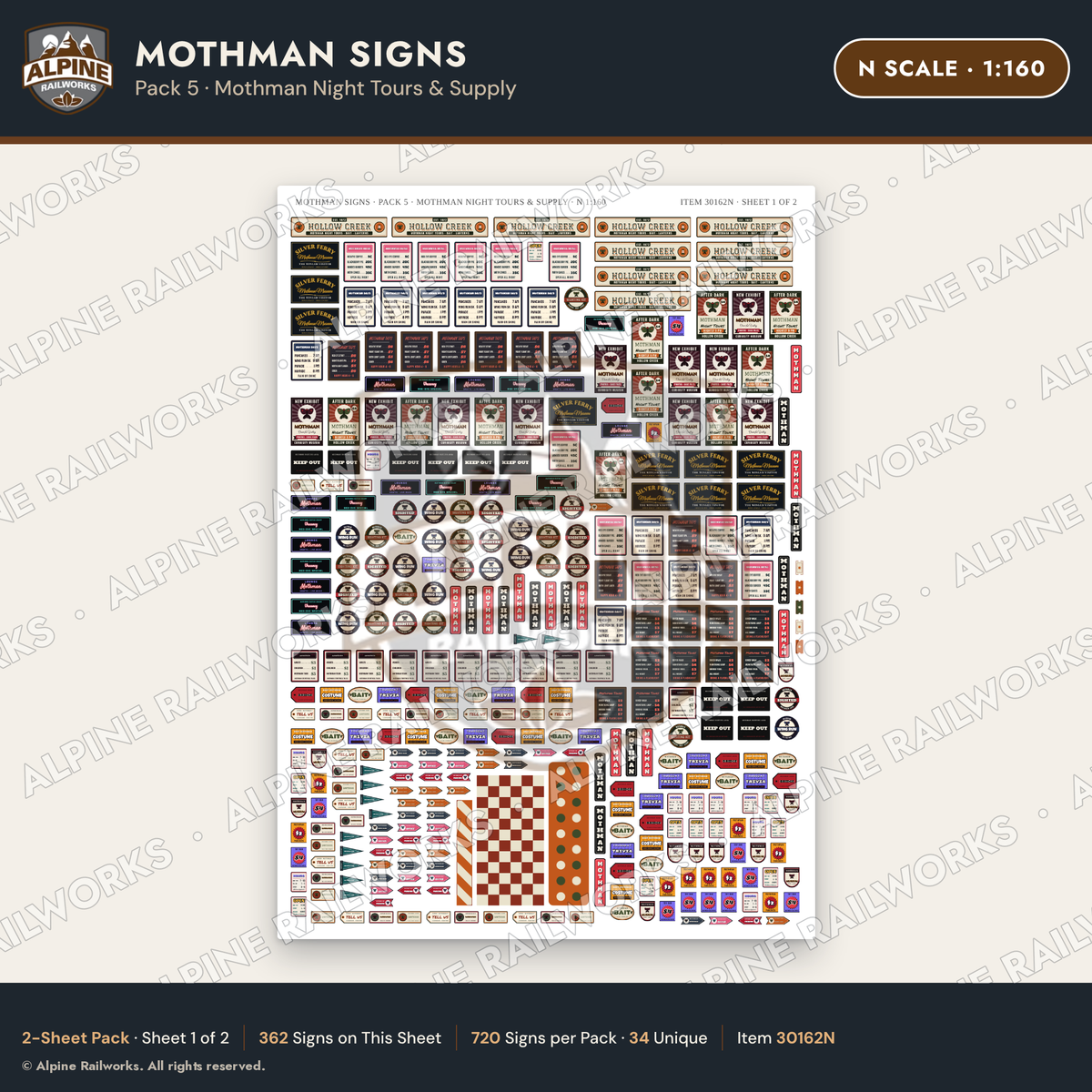 Alpine Railworks 30162N N Scale Mothman Signs - Mothman Night Tours