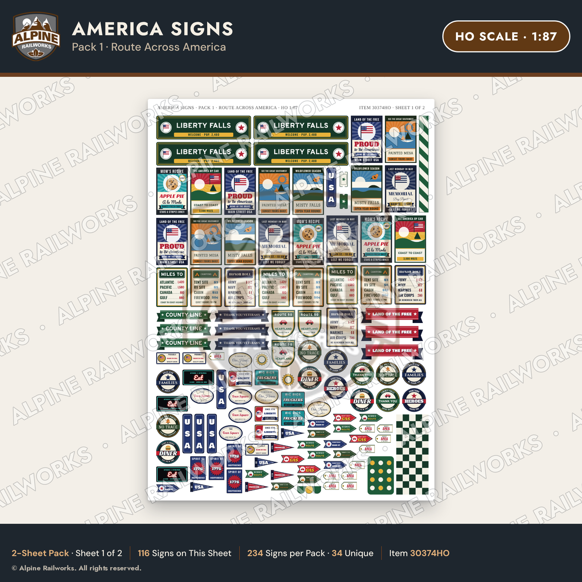 Alpine Railworks 30374HO HO Scale America Signs - Route Across America
