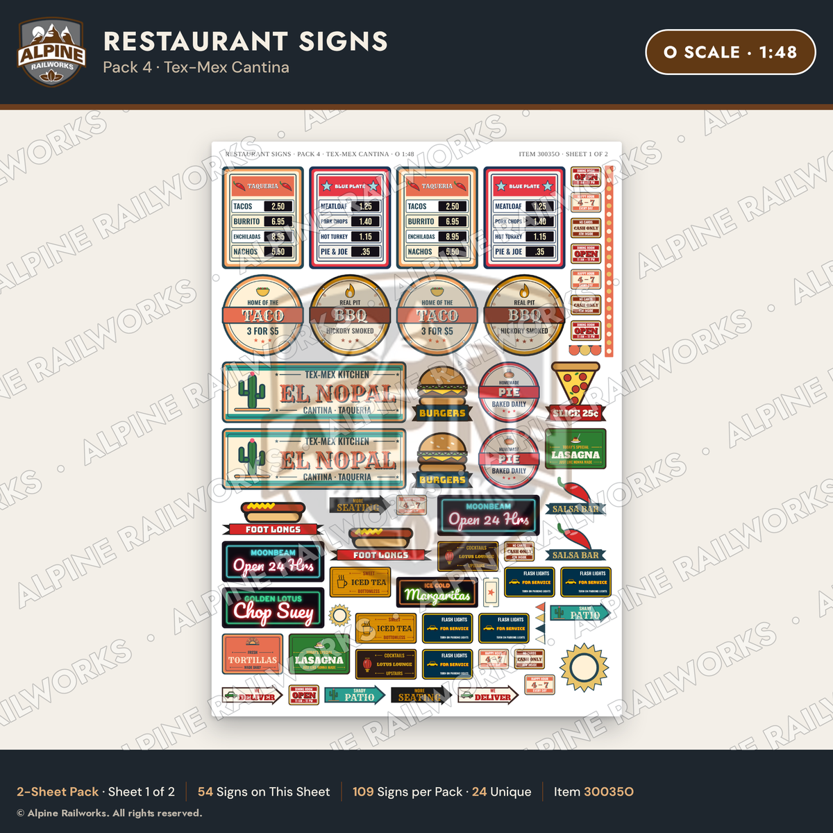 Alpine Railworks 30035O O Scale Restaurant Signs - Tex-Mex Cantina