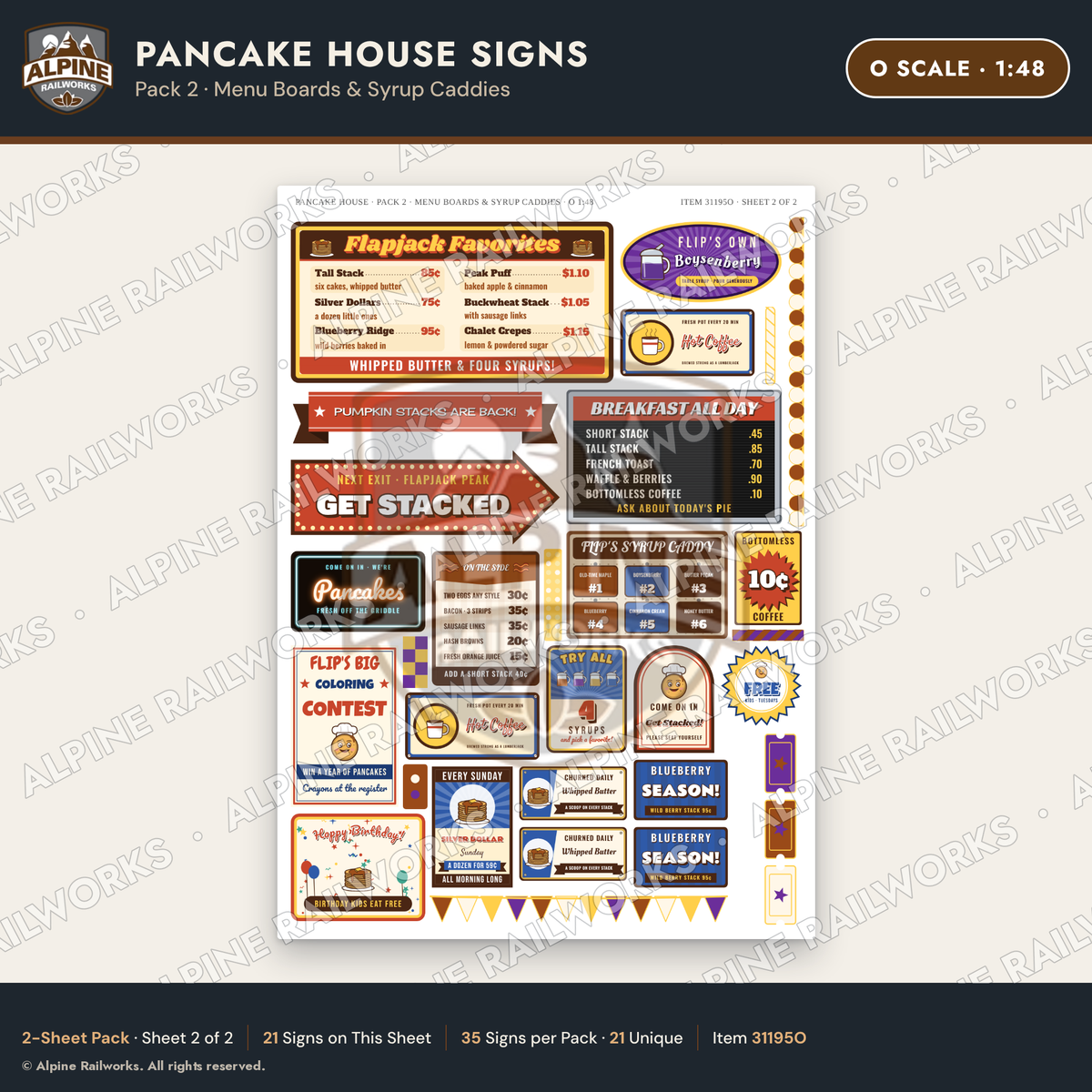 Alpine Railworks 31195O O Scale Pancake House Signs - Menu Boards