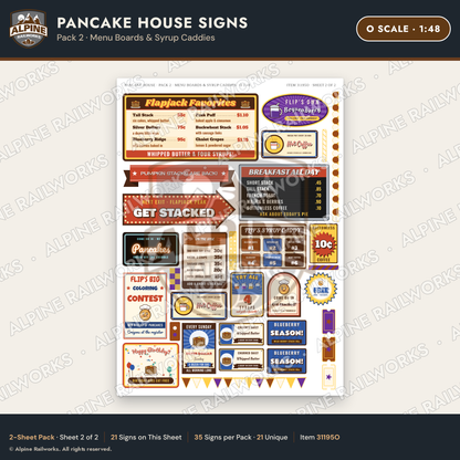 Alpine Railworks 31195O O Scale Pancake House Signs - Menu Boards
