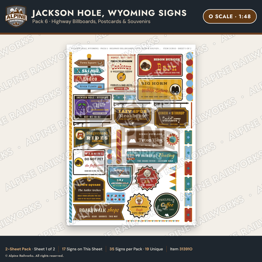 Alpine Railworks 31391O O Scale Jackson Hole WY Signs - Billboards