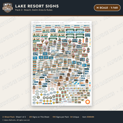 Alpine Railworks 30694N N Scale Lake Resort Signs - Beach & Swim Area