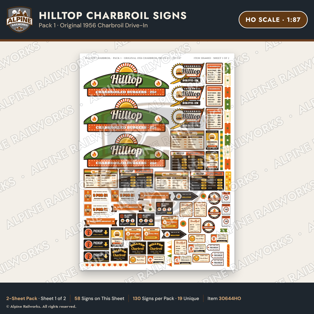 Alpine Railworks 30644HO HO Scale Fast Food Signs - Burgers