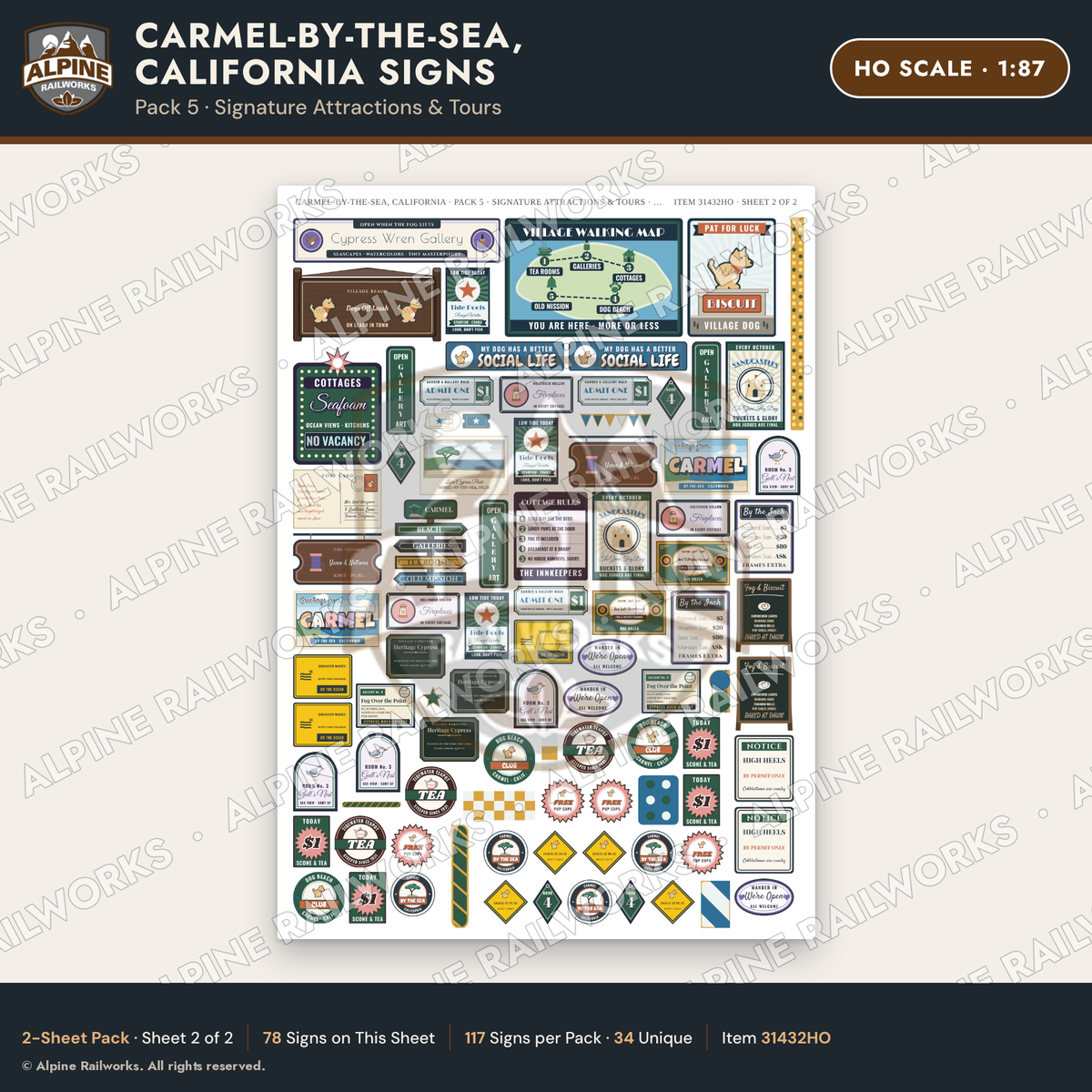 Alpine Railworks 31432HO HO Scale Carmel CA Signs - Attractions