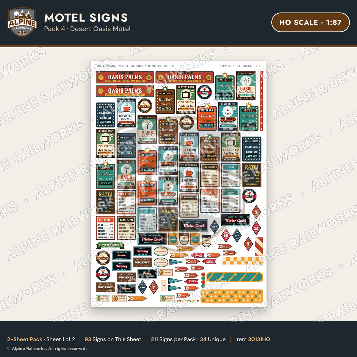 Alpine Railworks 30131HO HO Scale Motel Signs - Desert Oasis Motel