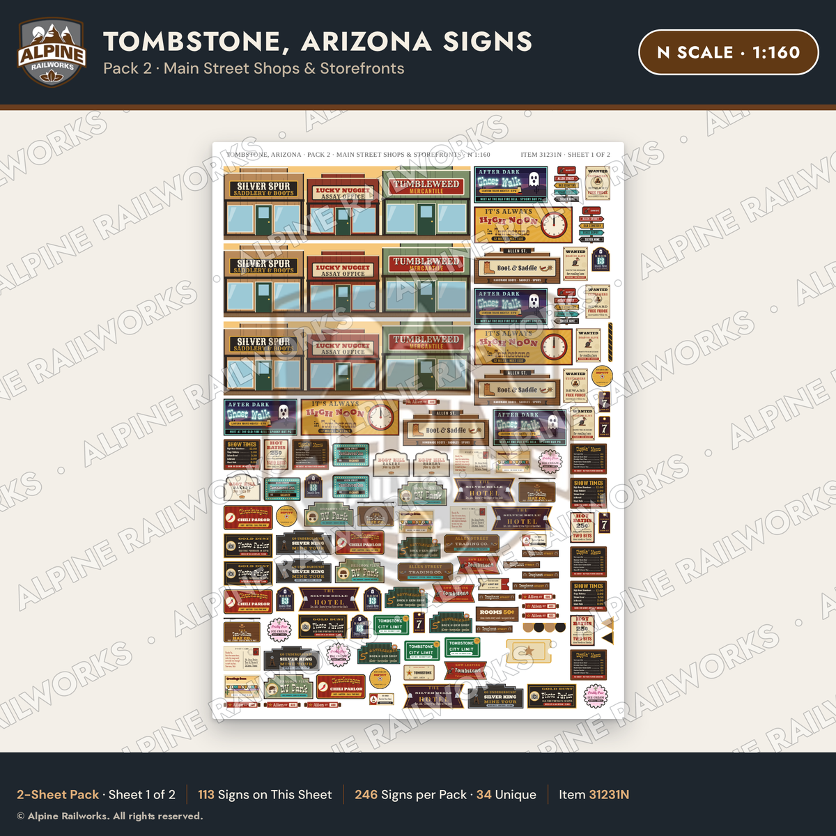 Alpine Railworks 31231N N Scale Tombstone AZ Signs - Main Street Shops