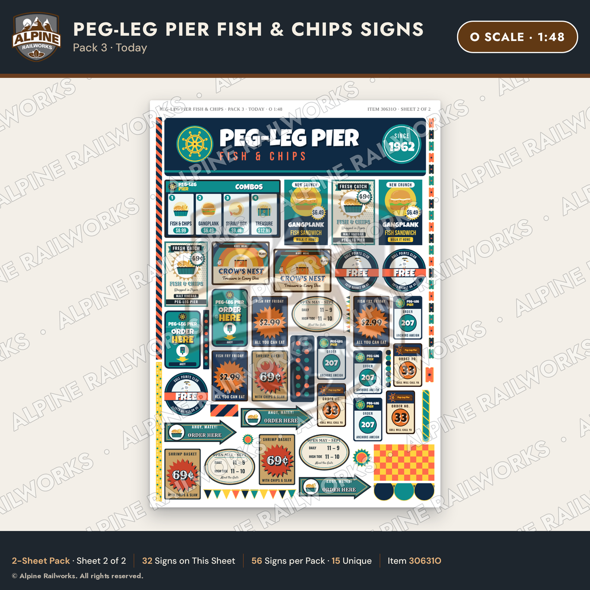 Alpine Railworks 30631O O Scale Fast Food Signs - Fish & Chips - Today