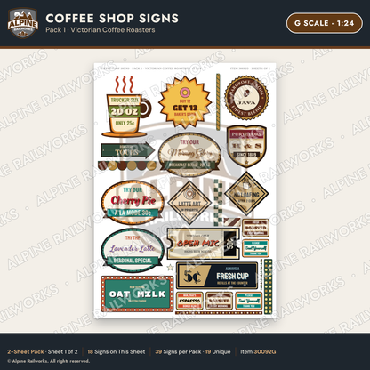 Alpine Railworks 30092G G Scale Coffee Shop Signs