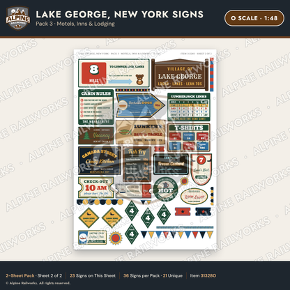 Alpine Railworks 31328O O Scale Lake George NY Signs - Motels & Inns