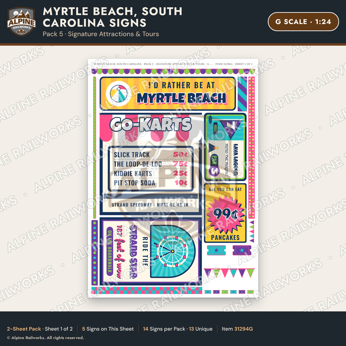 Alpine Railworks 31294G G Scale Myrtle Beach SC Signs - Attractions