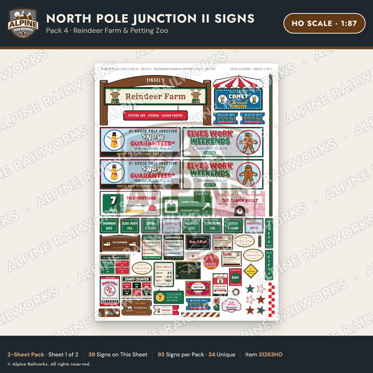 Alpine Railworks 31263HO HO Scale Christmas Town Signs - Reindeer Farm