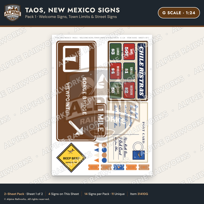 Alpine Railworks 31410G G Scale Taos NM Signs - Welcome & Street Signs
