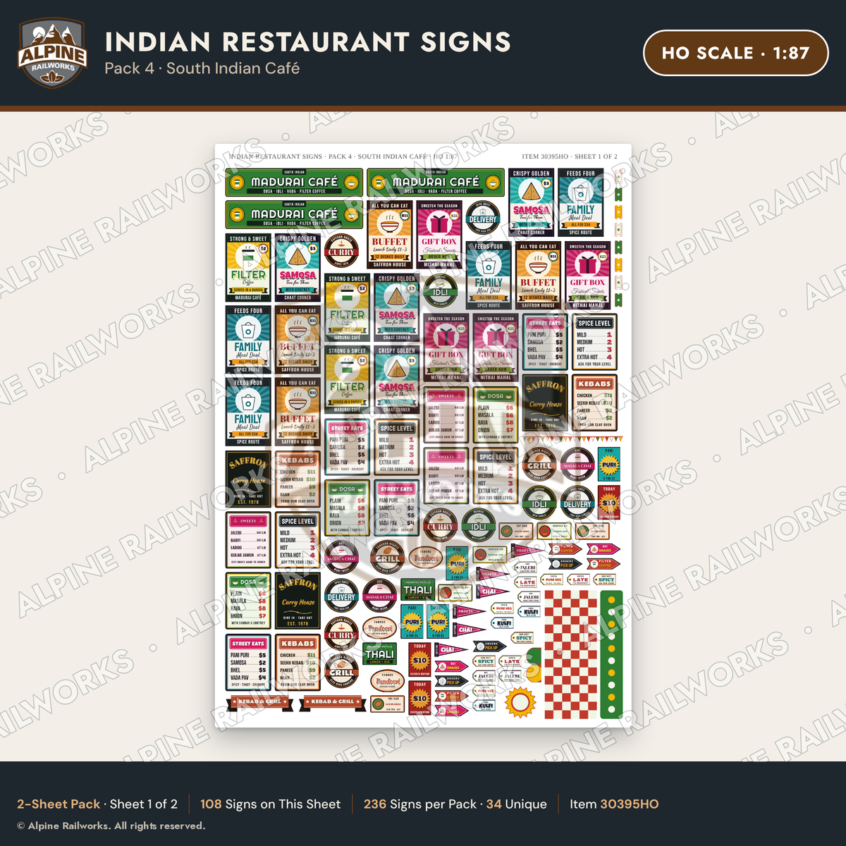 Alpine Railworks 30395HO HO Scale Indian Restaurant Signs