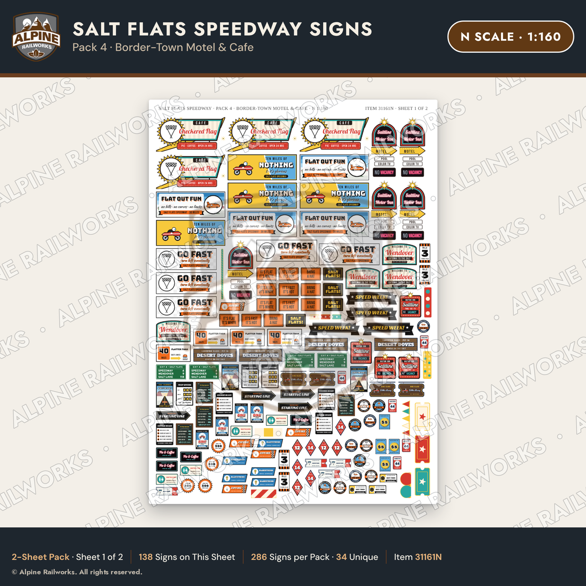 Alpine Railworks 31161N N Scale Racing Signs - Salt Flats Speedway