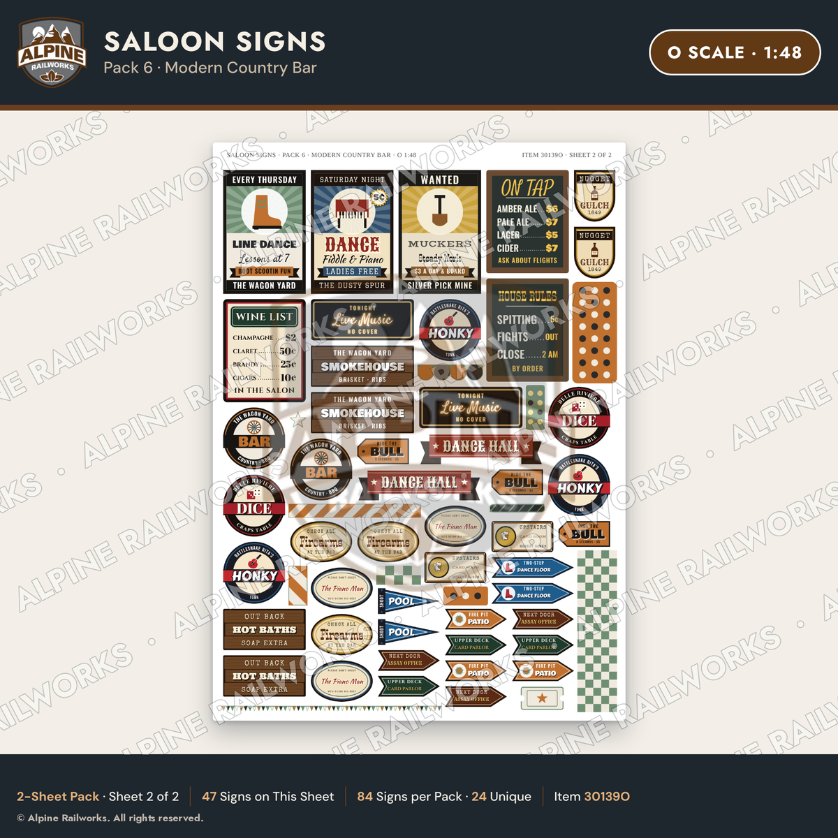 Alpine Railworks 30139O O Scale Saloon Signs - Modern Country Bar