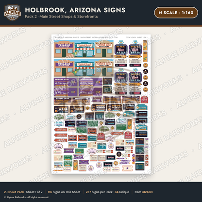 Alpine Railworks 31243N N Scale Holbrook AZ Signs - Main Street Shops