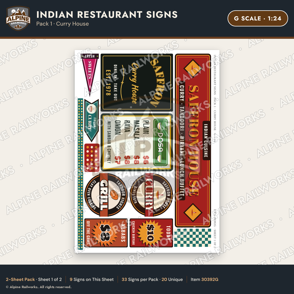 Alpine Railworks 30392G G Scale Indian Restaurant Signs - Curry House