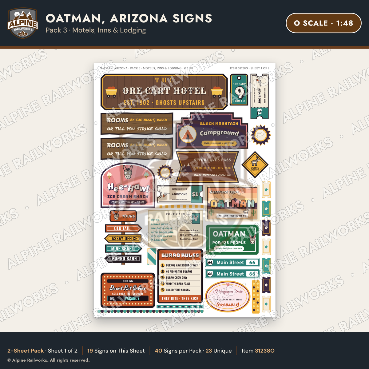 Alpine Railworks 31238O O Scale Oatman AZ Signs - Motels & Inns